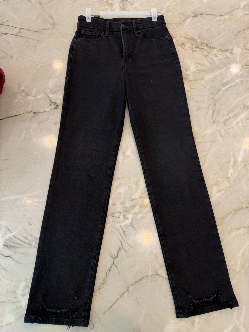 Good American Black Straight Jeans with Frayed Hems